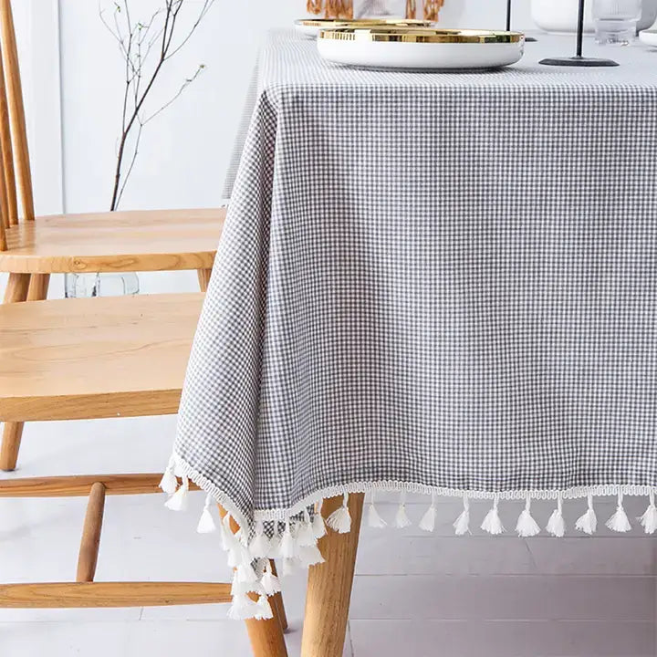 Gray Gingham Plaid Tasseled Cotton Tablecloth