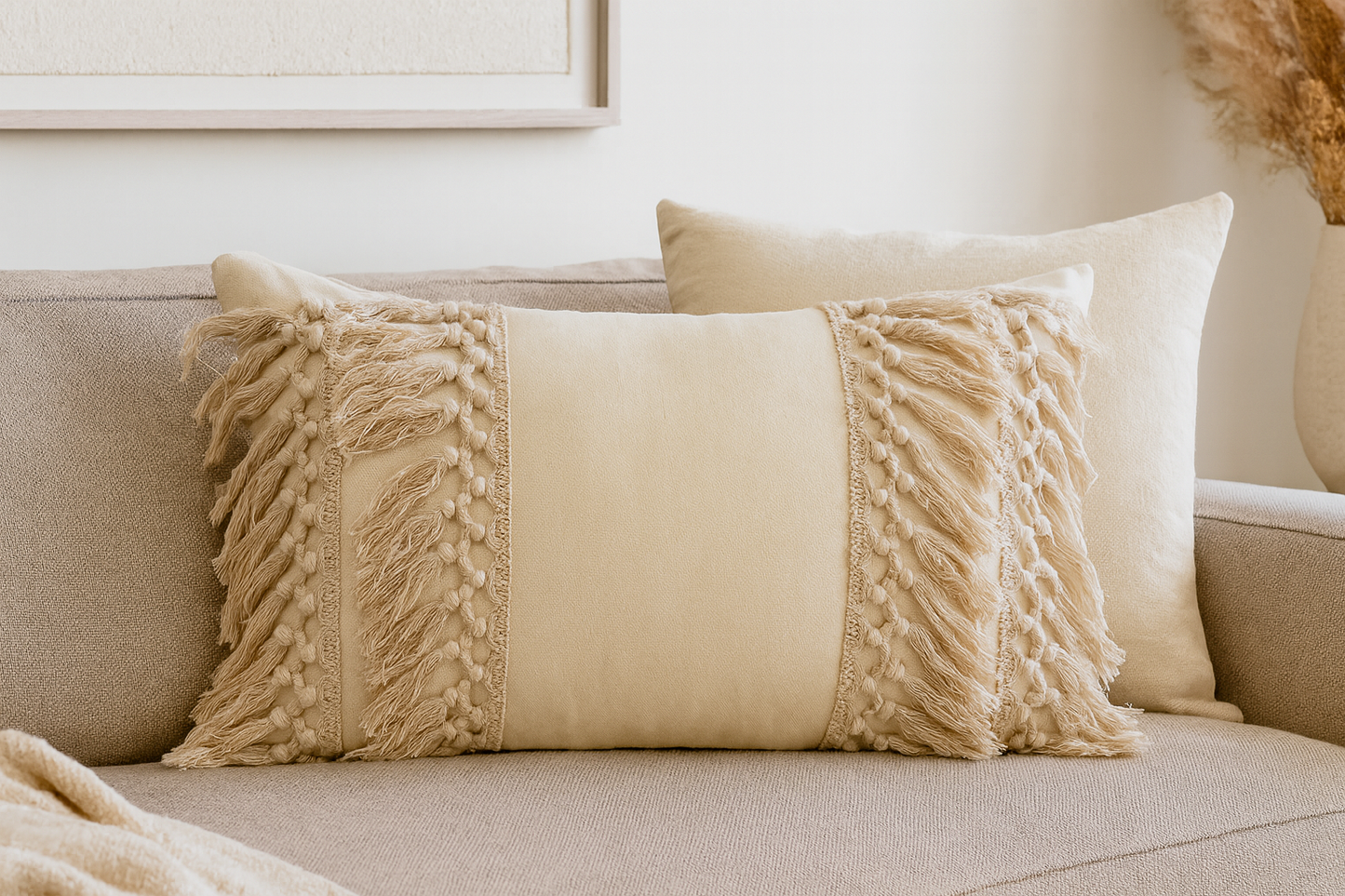Khaki Fringed Cotton Lumbar 12"x20" Decorative Throw Pillow