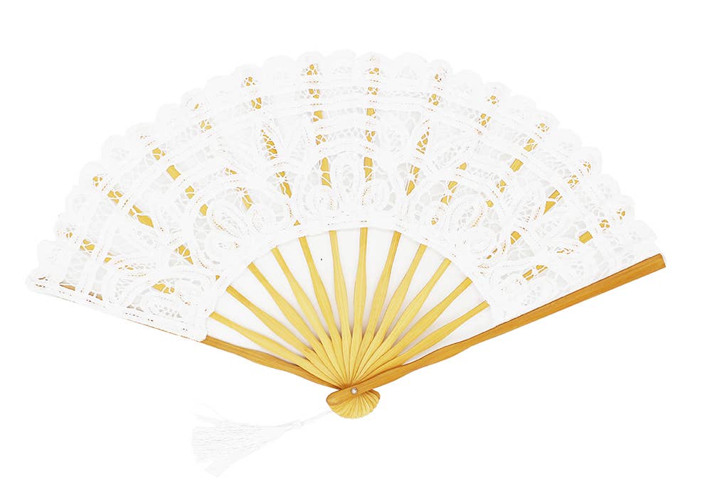 White Crochet Cotton Lace Bamboo Folding Hand Fan