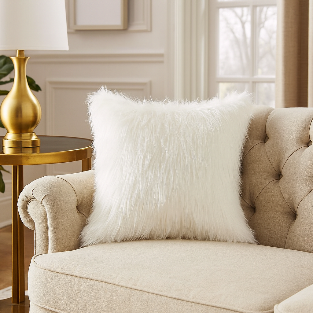 White Faux Fur Silver Lurex Thread 17" Throw Pillow
