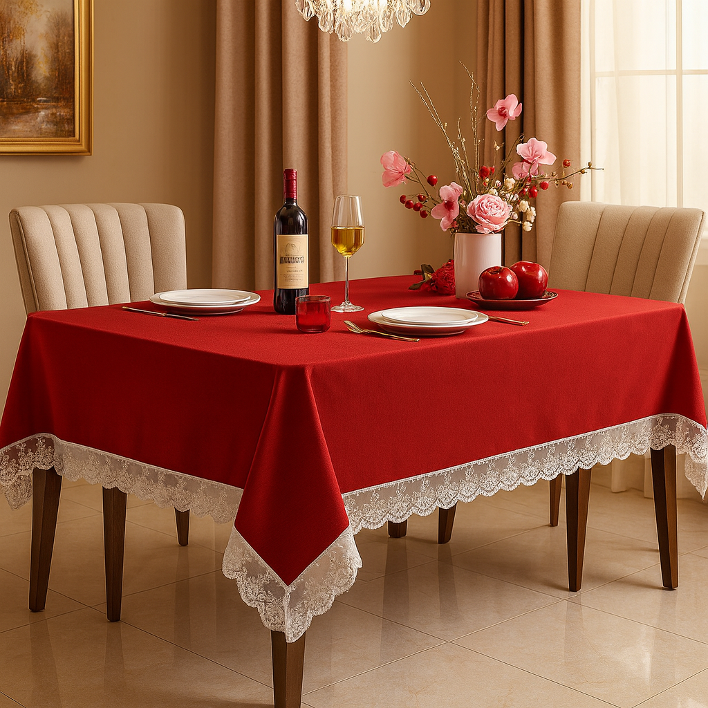 White Lace Trim Red Cotton Tablecloth
