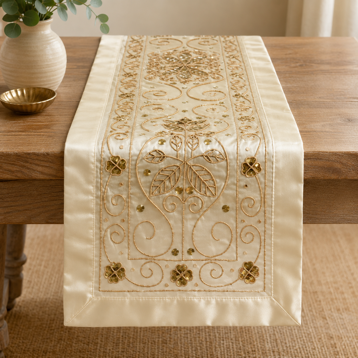 Champagne Hand-Beaded Table Runner - 16"x72"