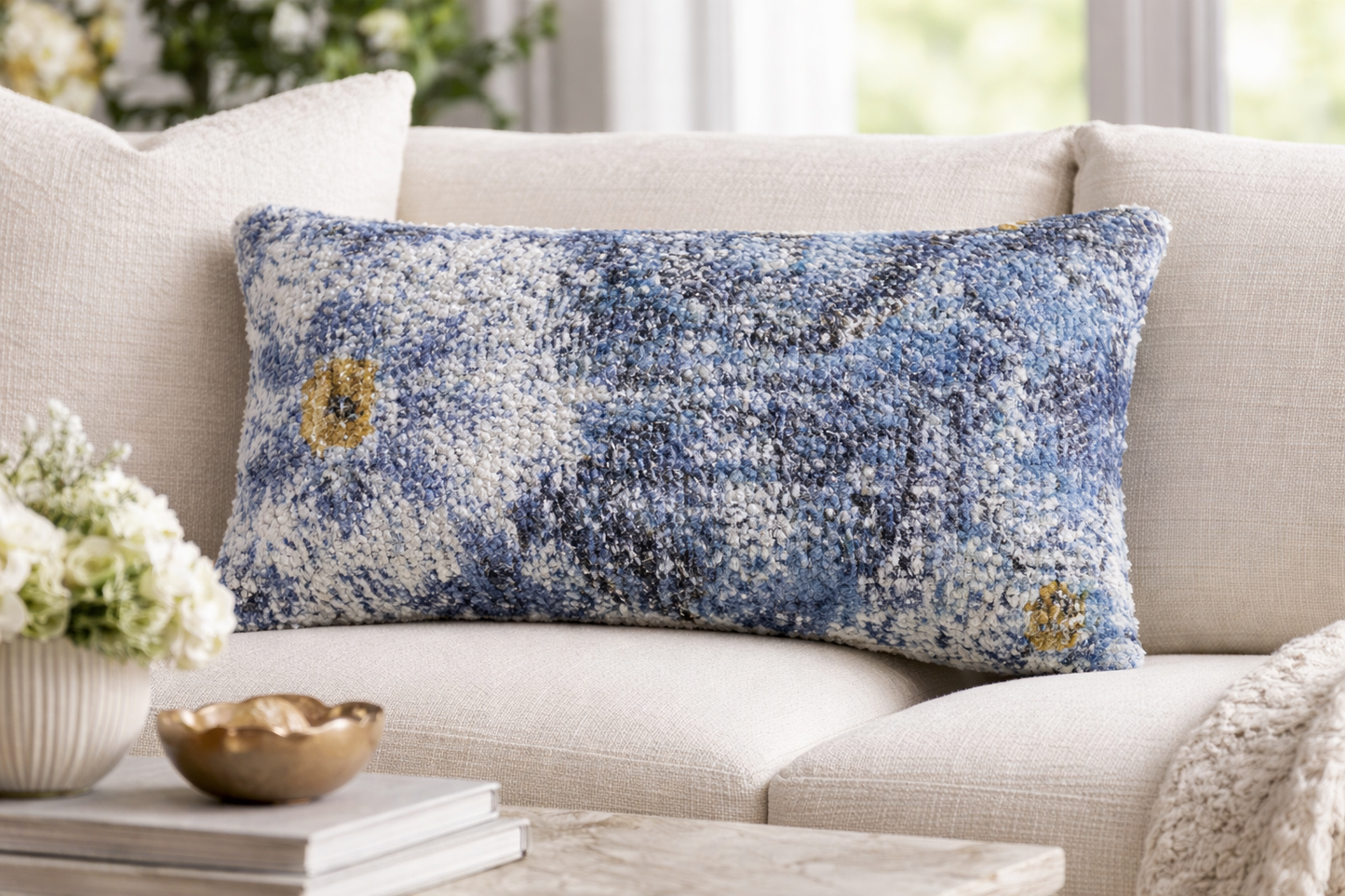 8388 - Blue Distressed Rug Design 14"x25" Filled Throw Pillow