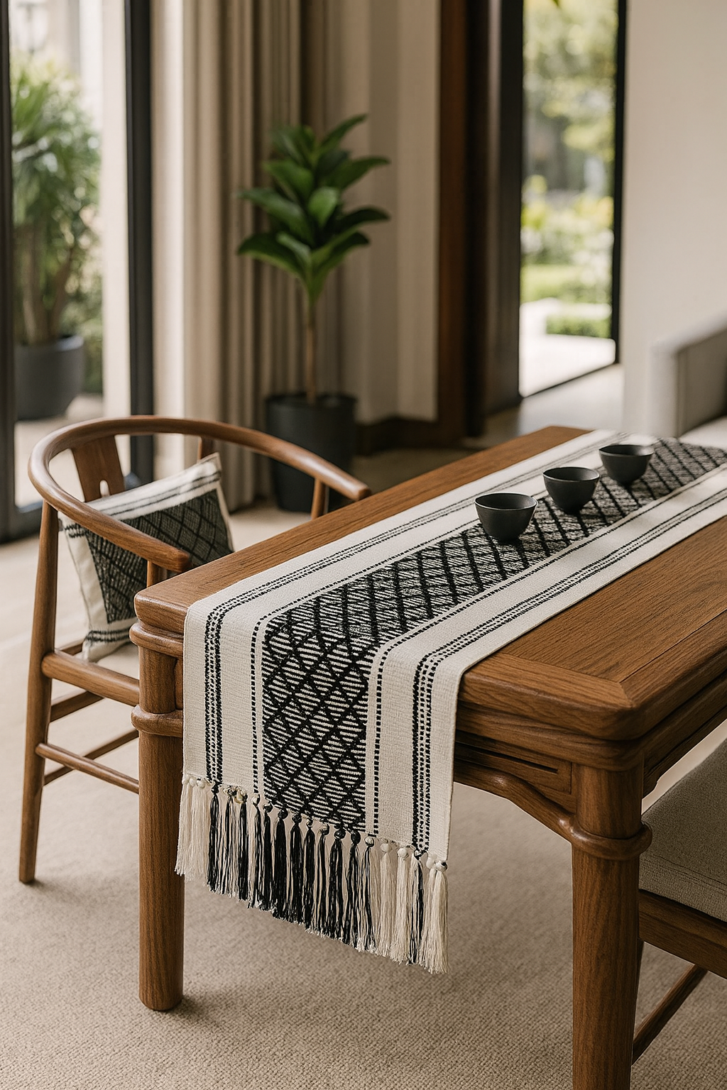 Black Diamond Stitched Tasseled Cotton Blend Table Runner
