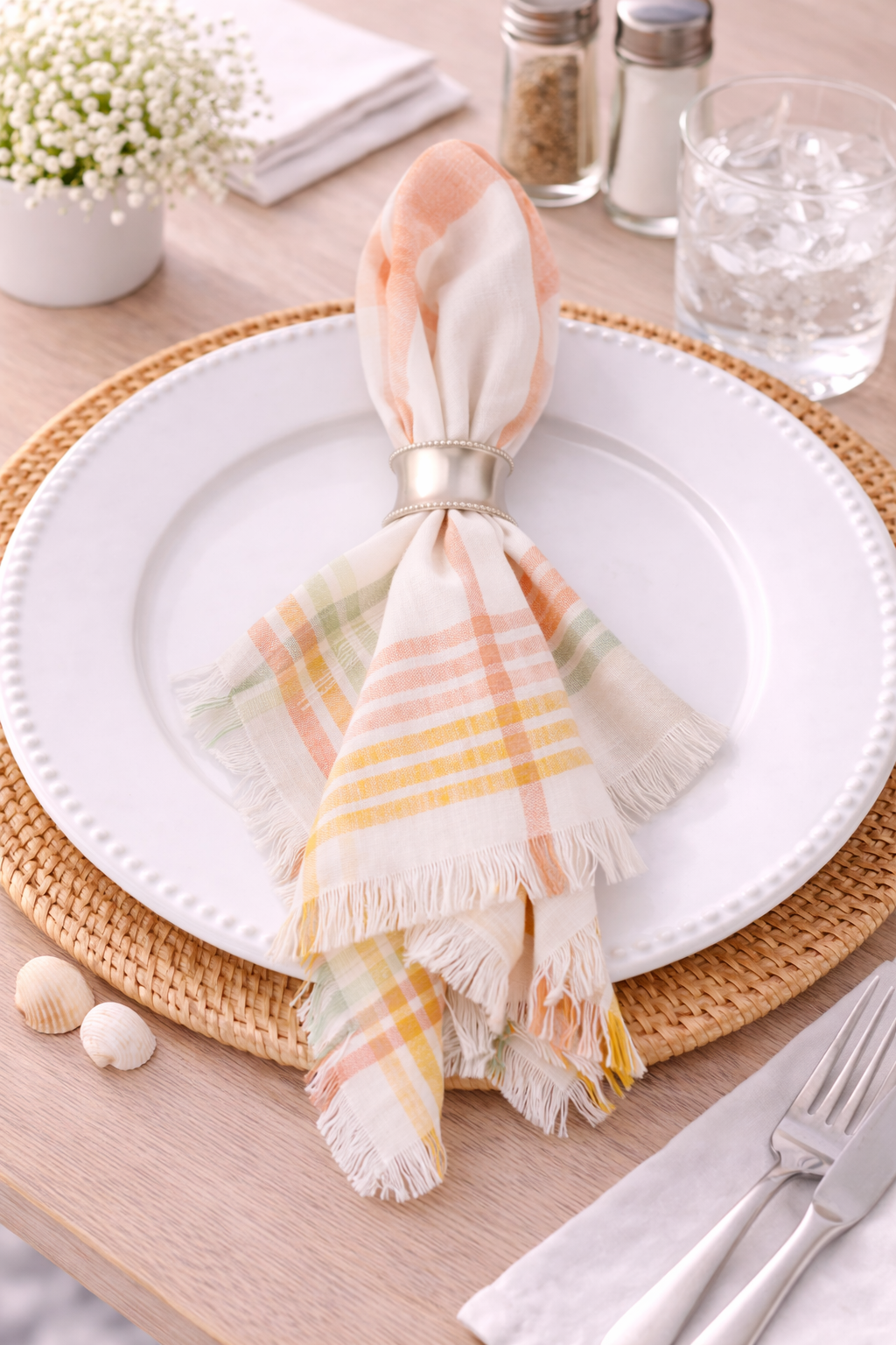 Spring Pastel Plaid Fringe 20" Cotton Napkin