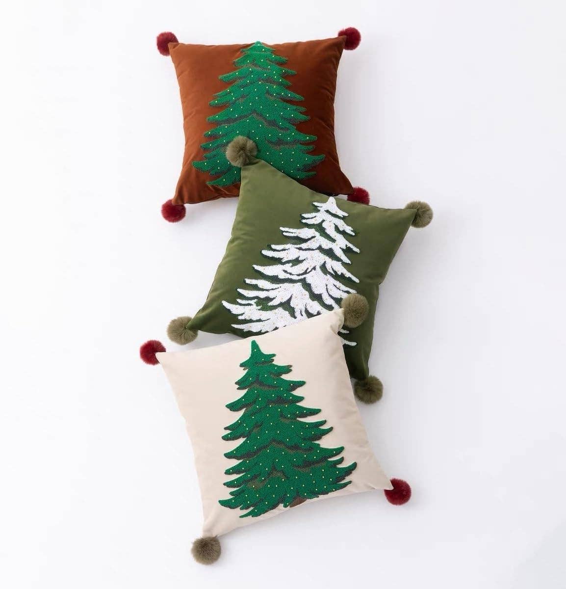 Embroidered Christmas Tree Pom Pom 18" Throw Pillow