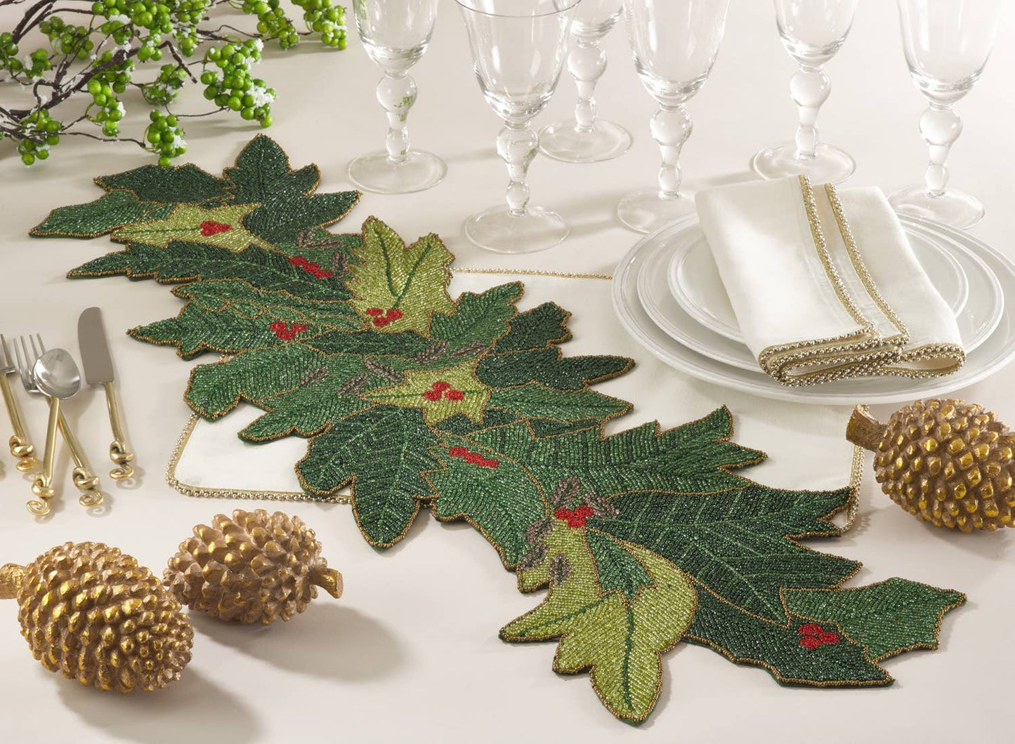 2027 - Green Beaded Holly Design 12x36 Table Runner