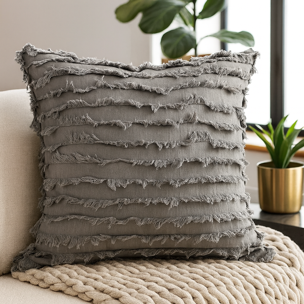 Grey Modern Fringed Stripe Cotton 17" Throw Pillow