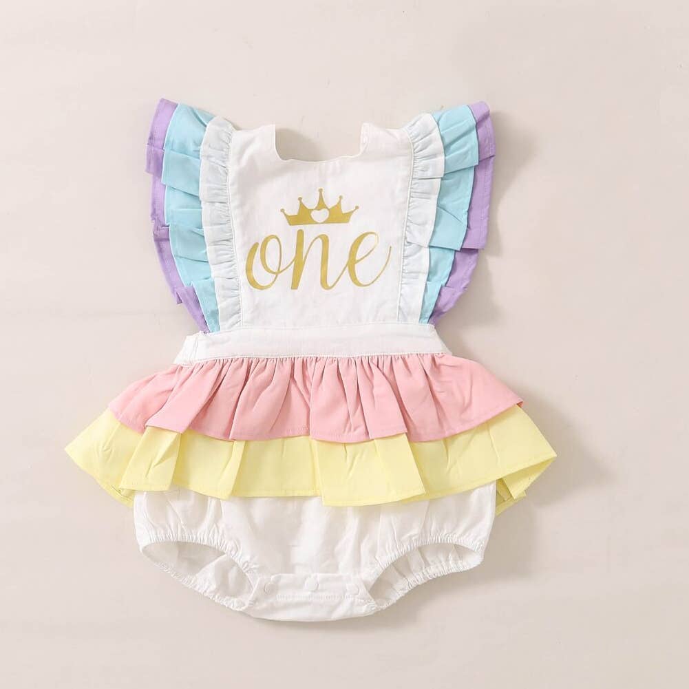 Rainbow Ruffle 1st Birthday Baby Romper Sunsuit