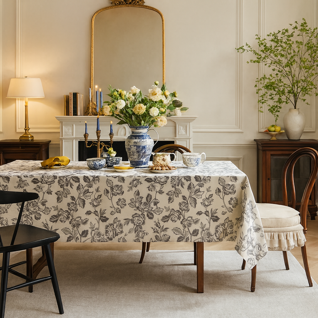 Black Rose Flower Beige Tablecloth