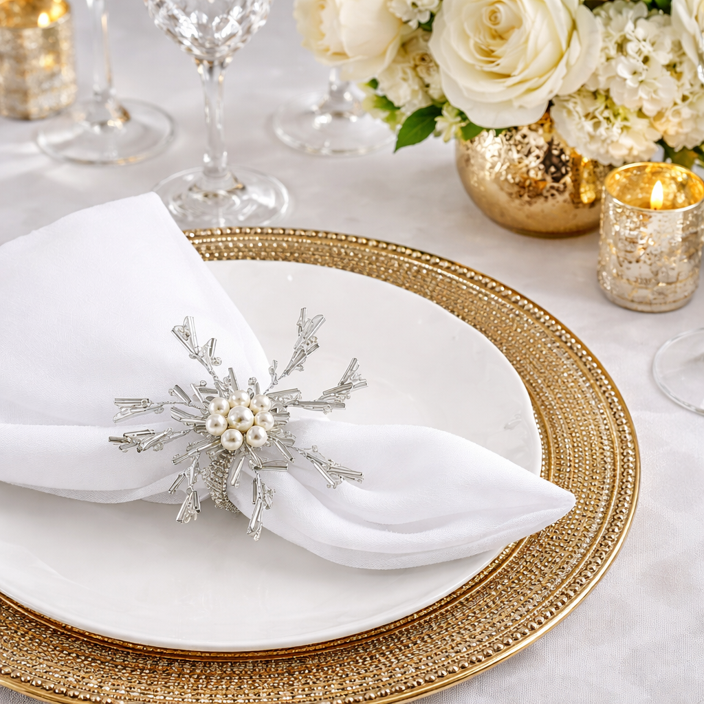 Silver Beads Ivory Pearl Napkin Ring
