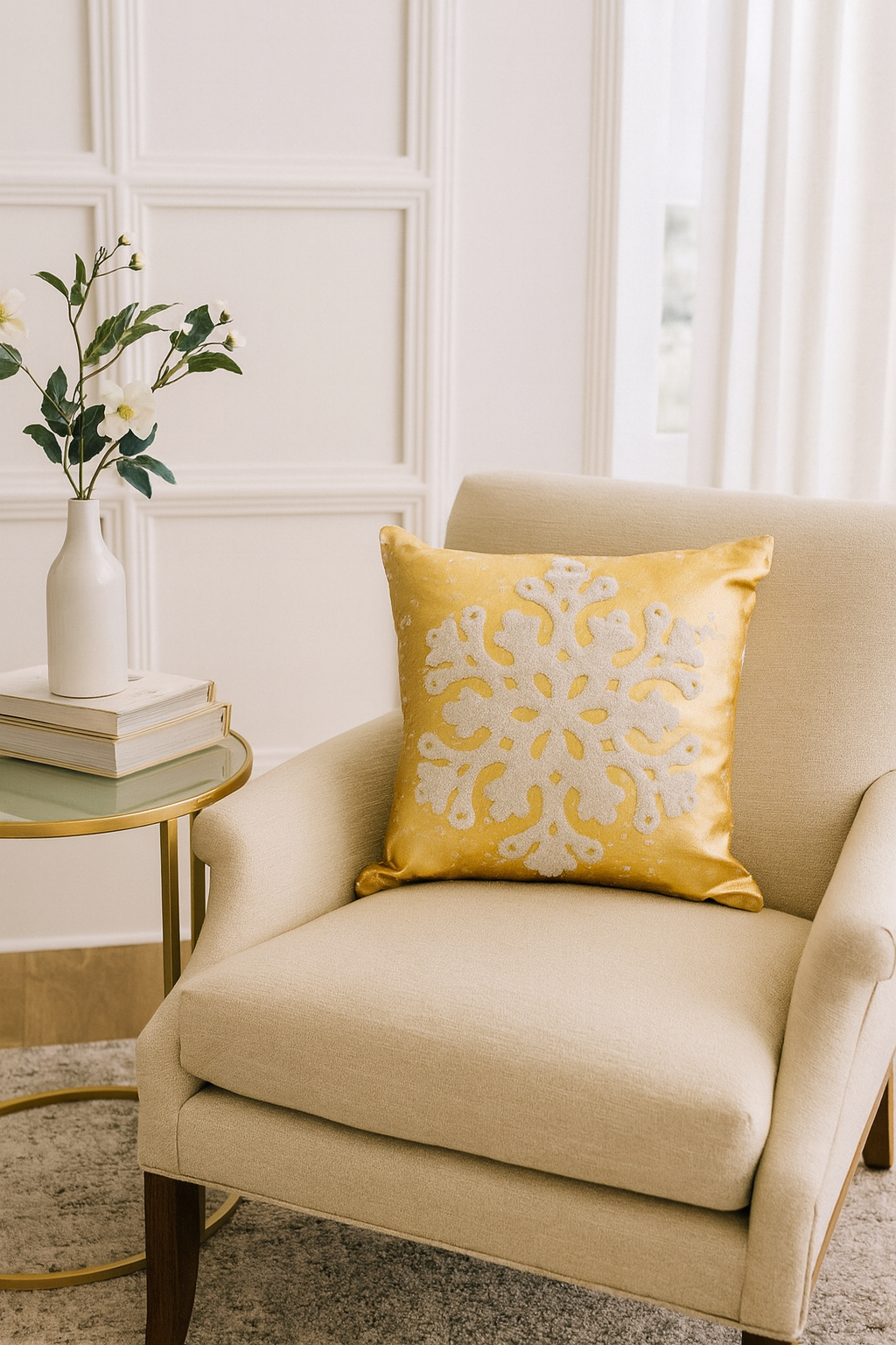 9383 - Metallic Gold White Snowflake Filled 12" Throw Pillow