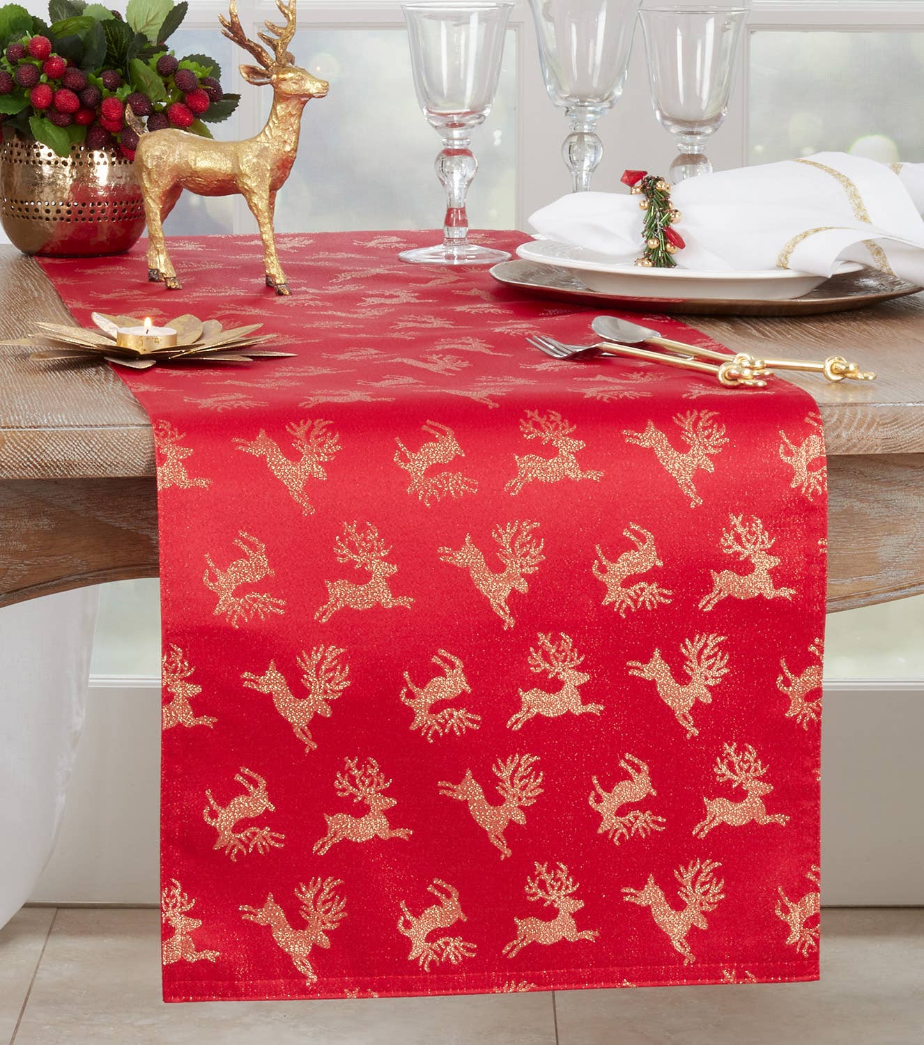 8789 - Gold Reindeer Print Red 16x72 Table Runner