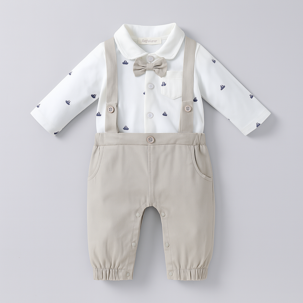 Grey White Sailor Print 3D Bowtie Baby Romper