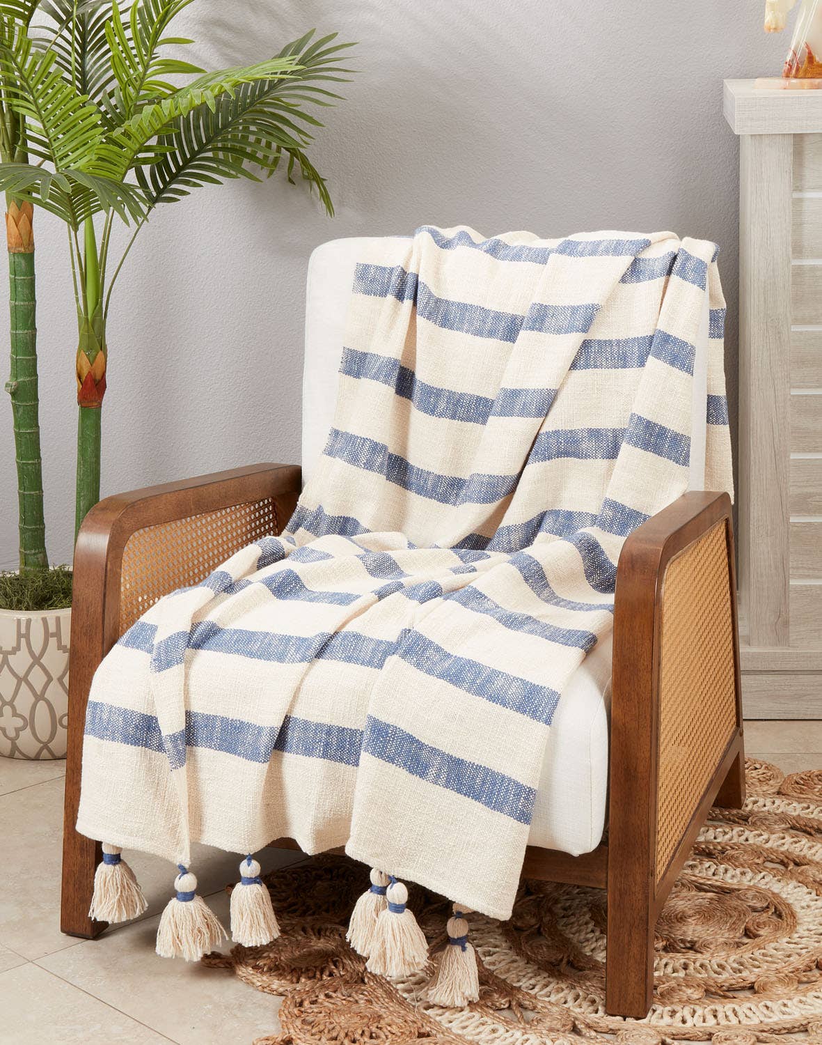 Navy Stripe Tassel 50x60 Throw Blanket