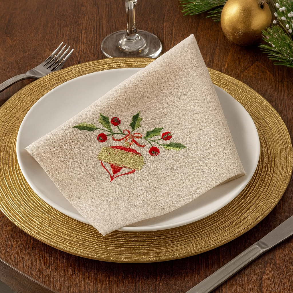 007 - Embroidered Ornament Linen-Poly 20" Dinner Napkin
