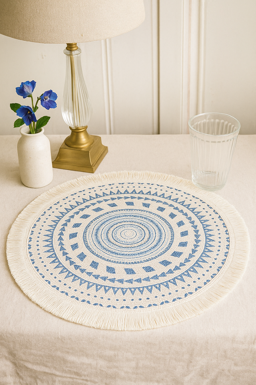 Boho Fringed 13-Inch Round Cotton - Blue