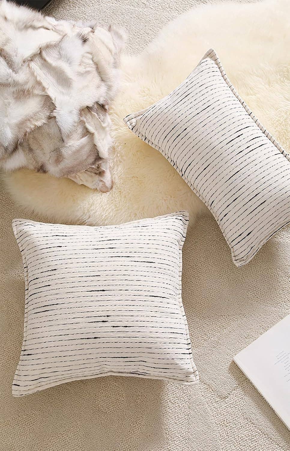 Black Strip White Woven Throw Pillow