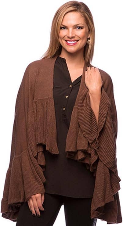 Brown Ruffle Trim Wrap Poncho