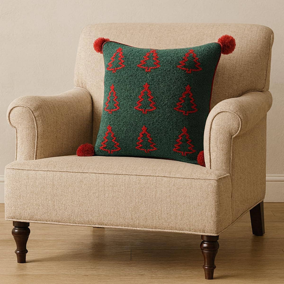Green and Ren Embroidered Tree Pom Pom 18" Throw Pillow