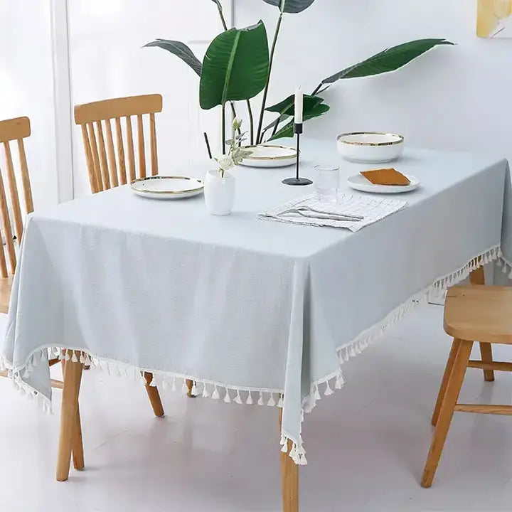 Blue Tiny Houndstooth Cotton Blend Tablecloth with Tassels