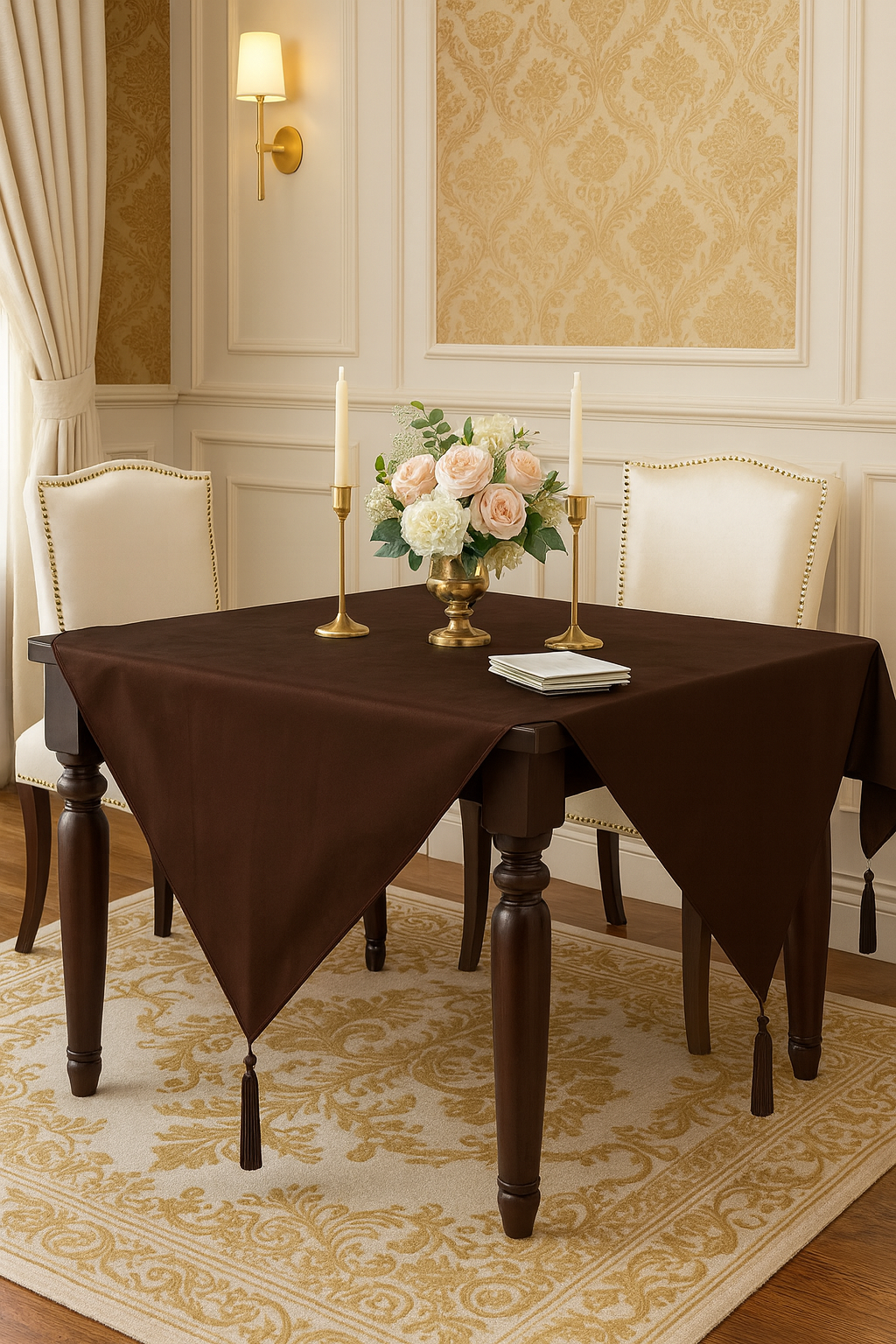 Brown Classic Dupioni Tasseled 54" Square Tablecloth