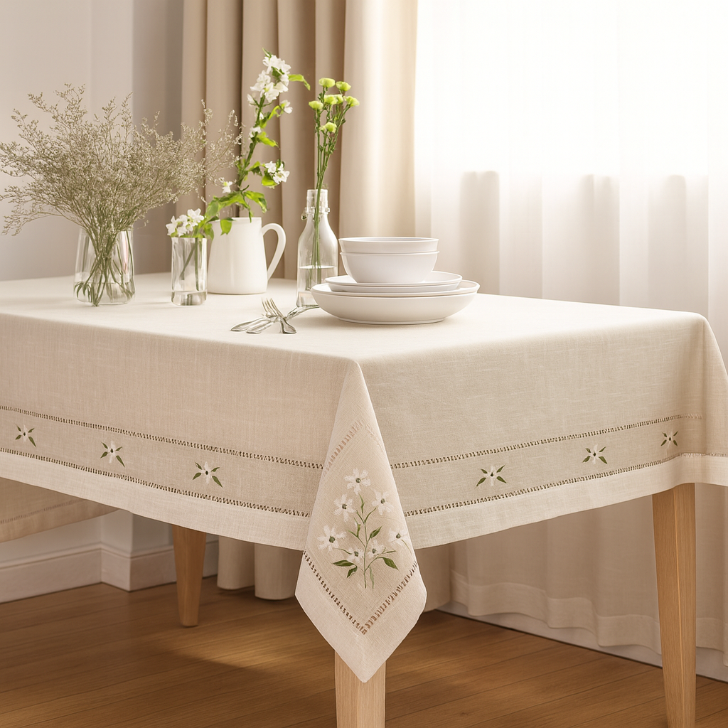 Embroidered Daisy Flower Natural Tablecloth