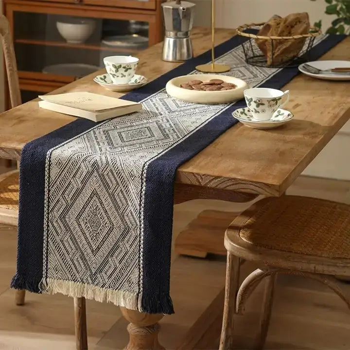 Navy Blue Diamond Weave Fringed Cotton Blend Table Runner