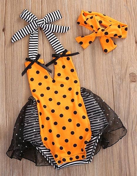 Orange Polka Dot Sequin Baby Tulle Romper Skirt & Headband