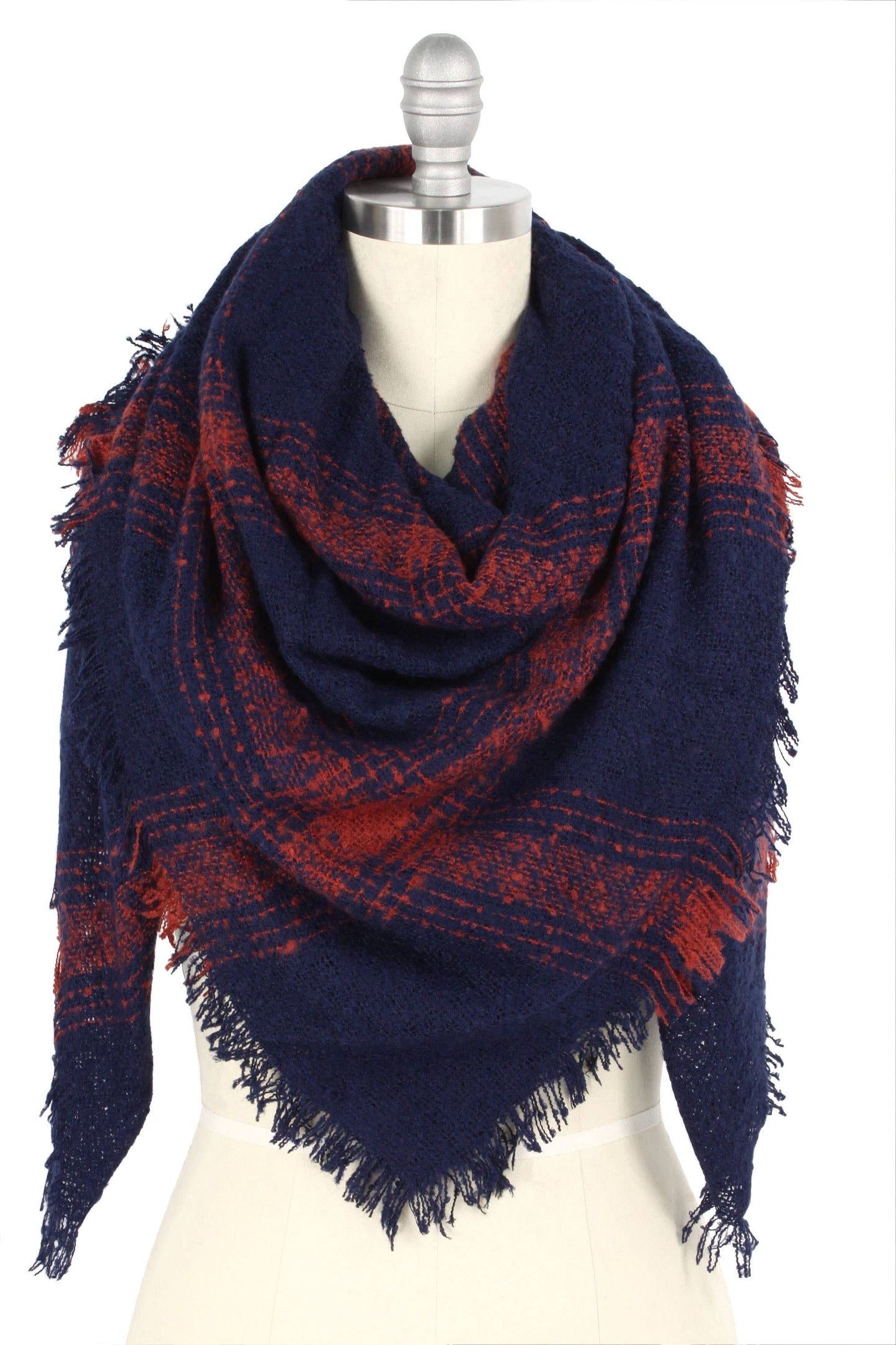 Navy Plaid Frayed Edge Blanket Scarf