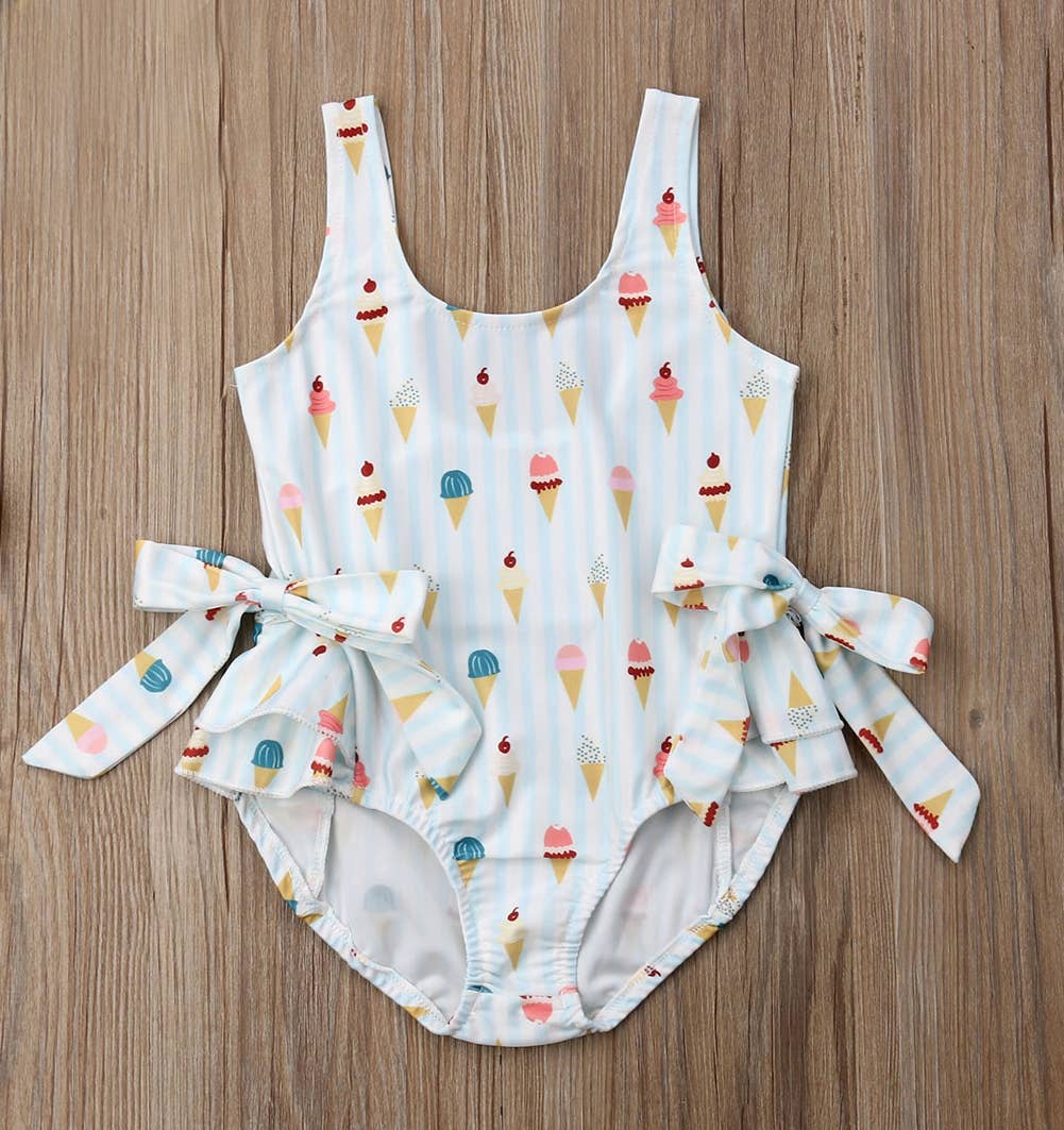 Ice Cream Bowknot Ruffled Light Blue 1pcs Girl Swimsuit