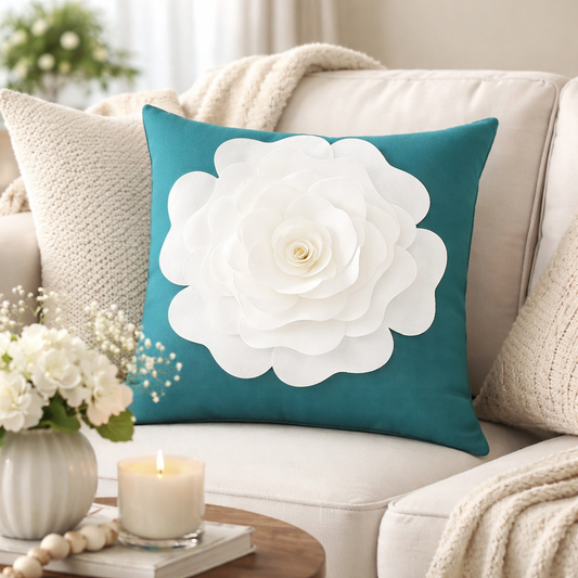 Teal 3D White Rose Flower 17" Throw Pillow