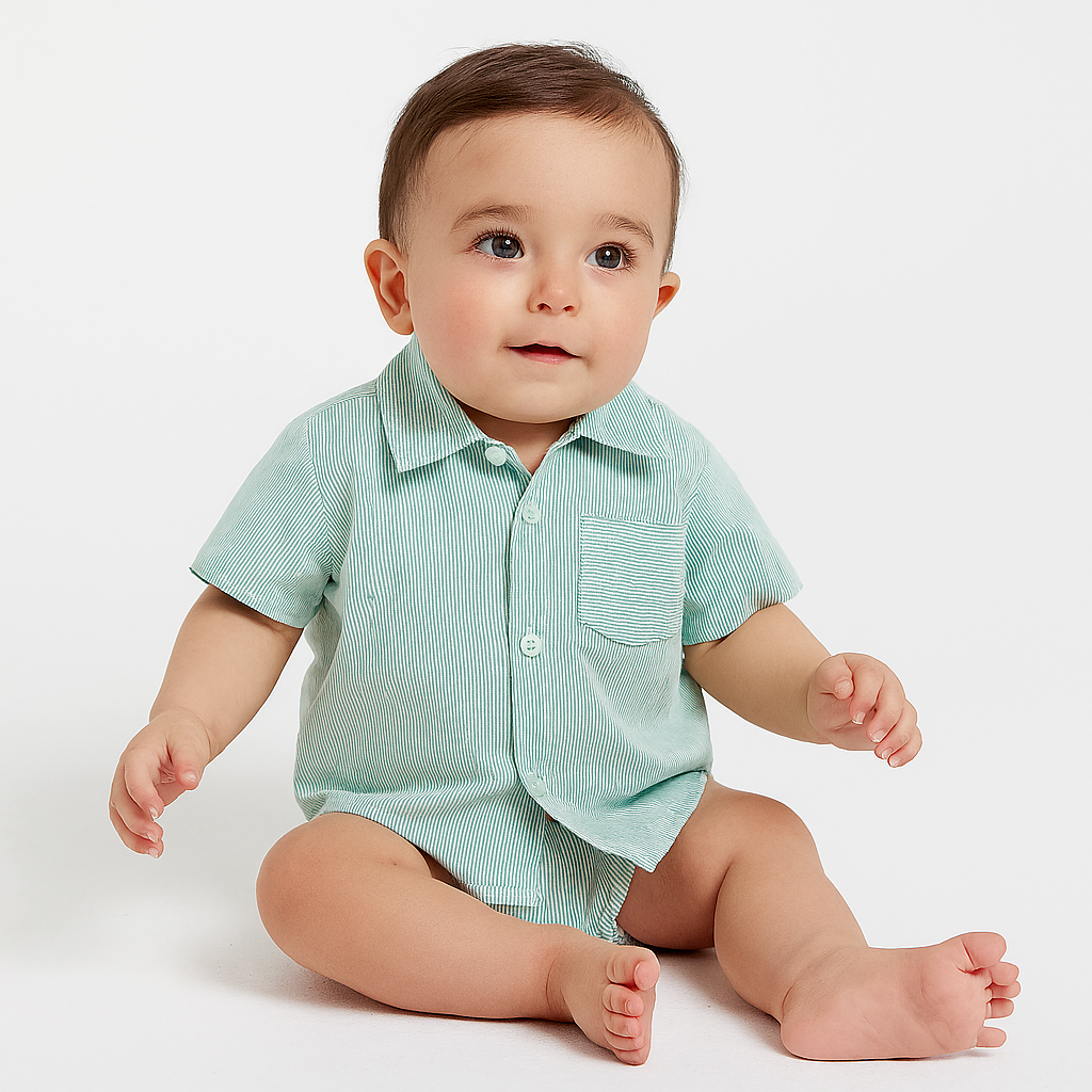 Green Stripe Boy Cotton Button-Down Short-Sleeve Dress Shirt