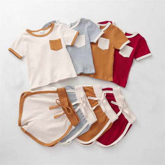 Contrast Binding Top & Shorts 2pcs Little Kid Outfit