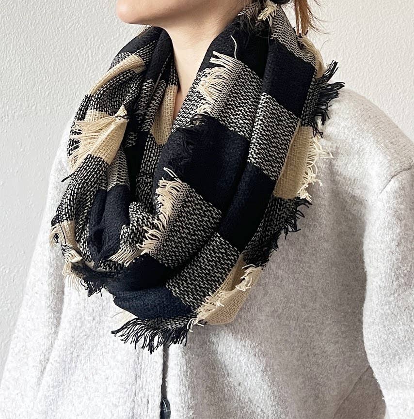 Beige and Black Buffalo Plaid Infinity Scarf