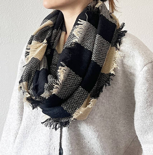 Beige and Black Buffalo Plaid Infinity Scarf