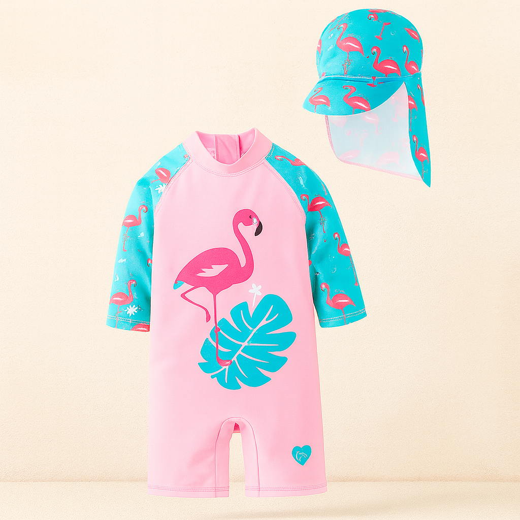Pink & Blue Flamingo 2pcs Girl Swimwear Set