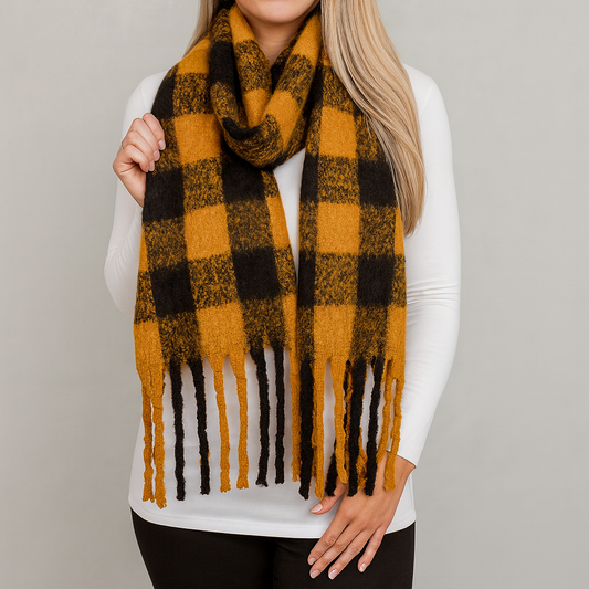 Mustard Fluffy Buffalo Check Tasseled Oversized Scarf