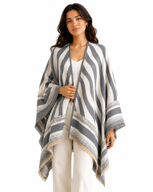 Gray Zebra Cashmere-Feel Fringe Poncho Wrap