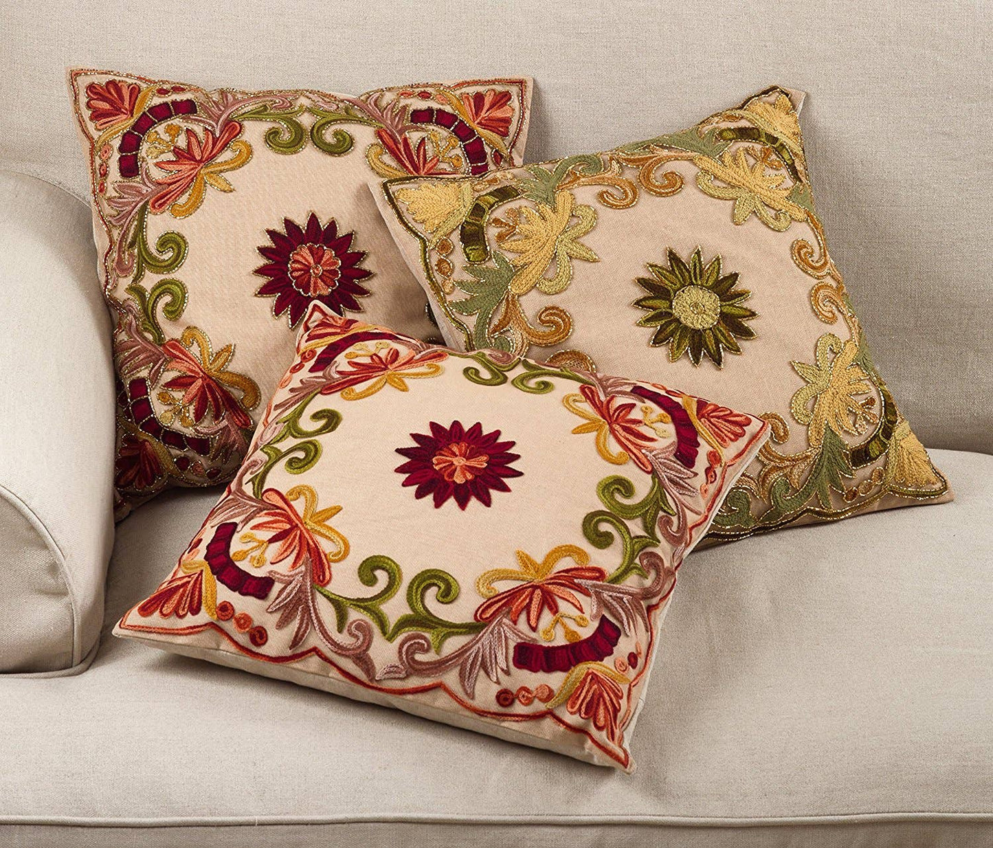 Beaded and Embroidered Cotton Filled 18" Throw Pillow
