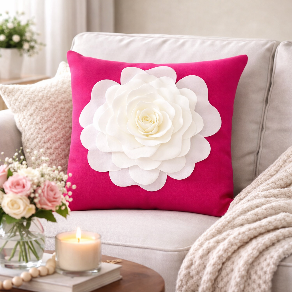 Fucshia 3D White Rose Flower 17" Throw Pillow