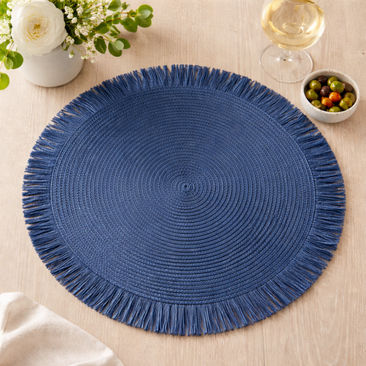 PM0033 - Navy Blue Handwoven Fringe Boho 15" Round Placemat