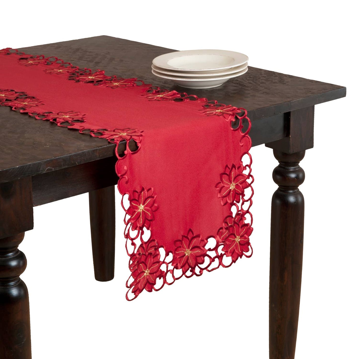 124 - Red Embroidered Cutwork Poinsettia 16"x90" Table Runner