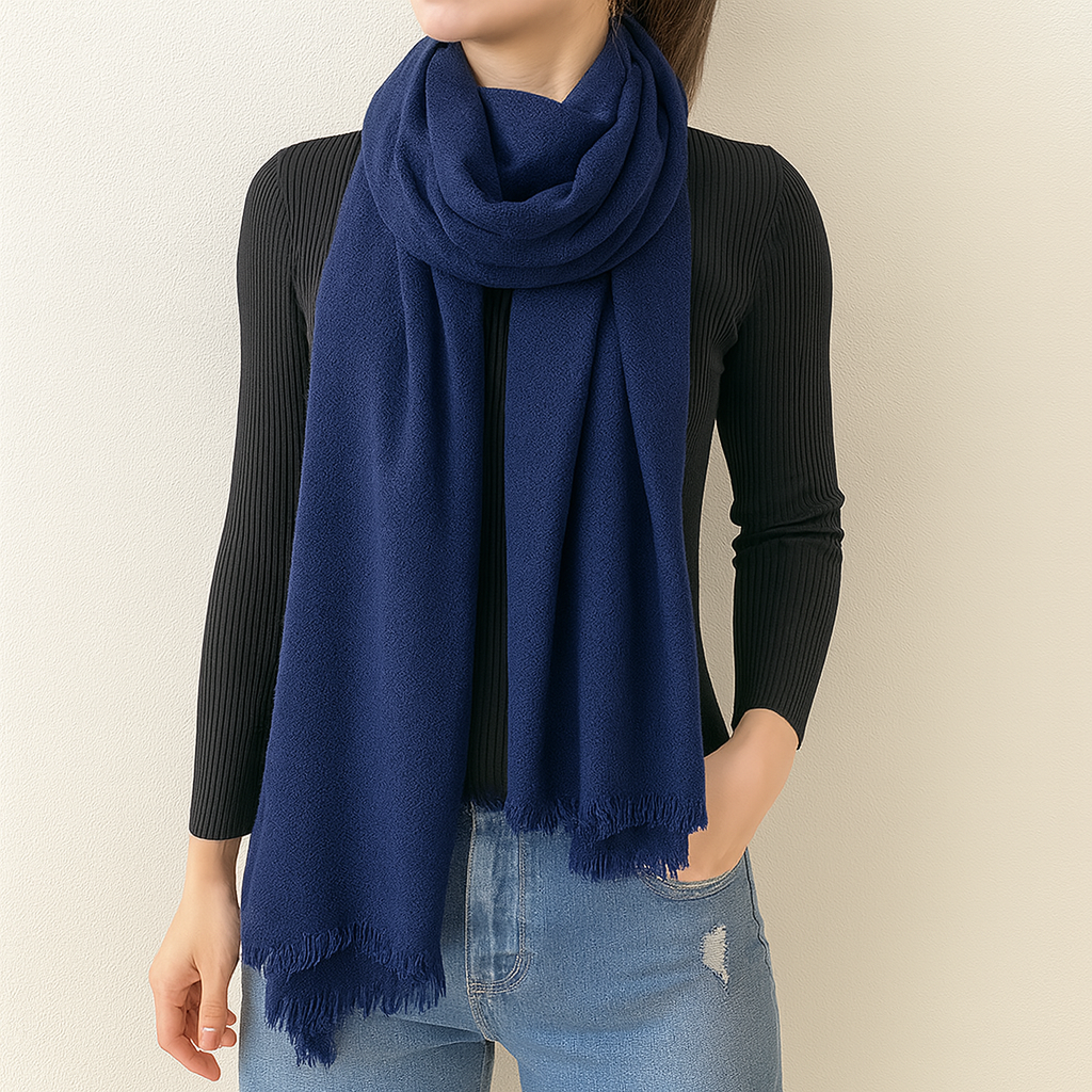 Navy Blue Solid Cashmere Blend Woven Blanket Scarf