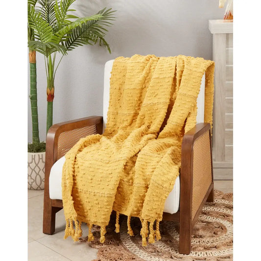 TH812 - Mustard  Earthly Woven Stripe Cotton Blend Throw Blanket