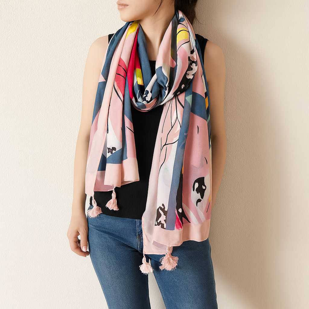 Vivid Floral Print Tasseled Wrap Scarf