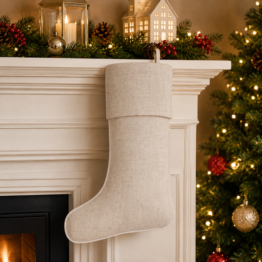 Silver Piping Linen Blend Christmas Stocking