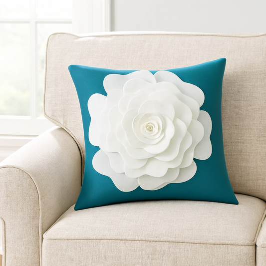 PLW0123 - Teal 3D White Rose Flower 17" Throw Pillow