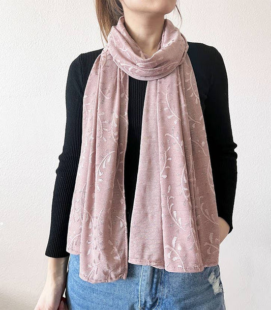 Dusty Rose Shimmering Jacquard Floral Scarf