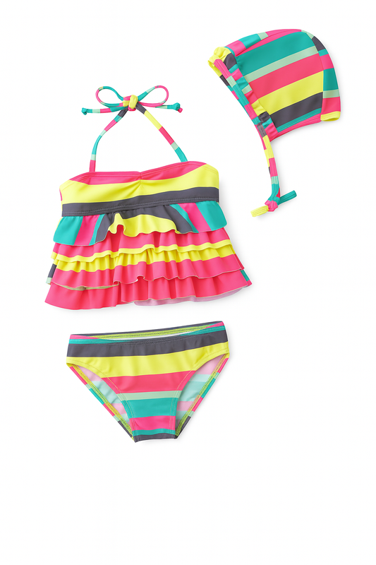Colorful Striped 3pcs Girl Swimwear Set